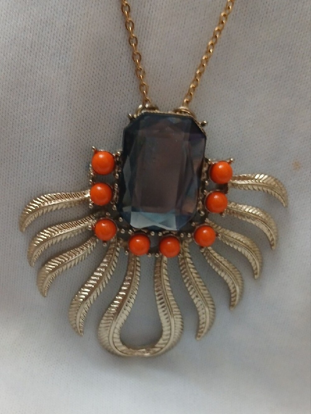 Gold-Tone Necklace with Black Center Stone and Orange Accent Beads